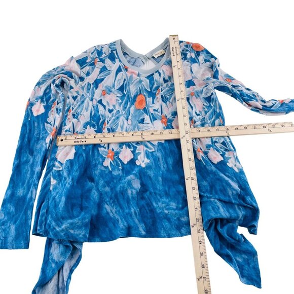 Meadow Rue XS Floral Blue Long Sleeve Asymmetrical Hem Top Womens - Picture 4 of 5
